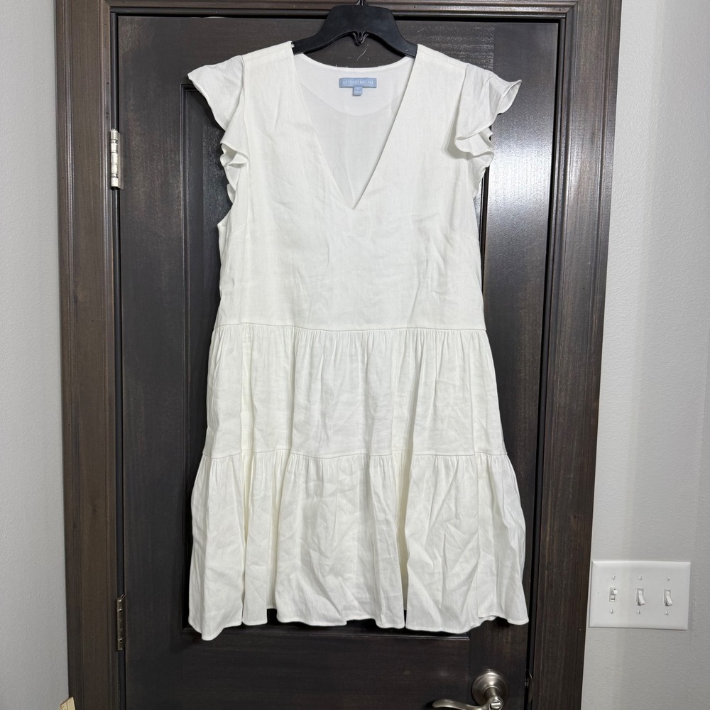 Antonio Melani White Linen Blend Flutter Sleeve Tiered Babydoll Mini Dress XL